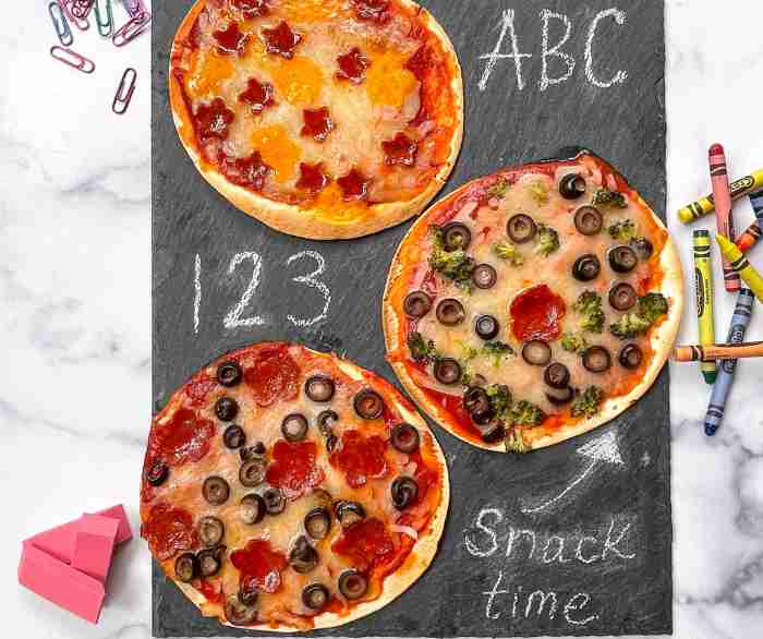 Three kinds of easy tortilla pizzas on a cutting board.