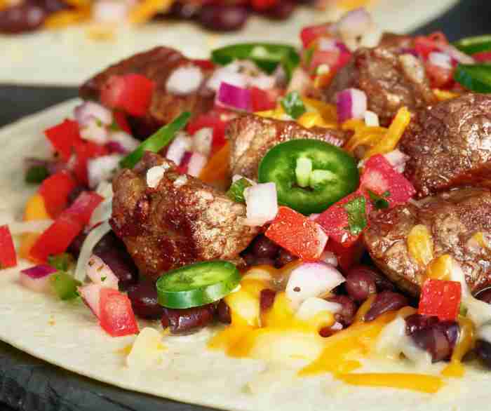 A Plate of Loaded Steak Tacos assembled on an Azteca Flour Tortilla.