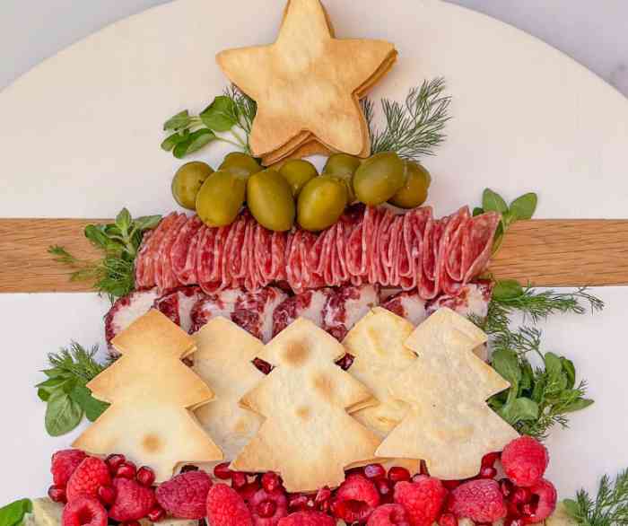 Holiday charcutertree with festive-shaped chips