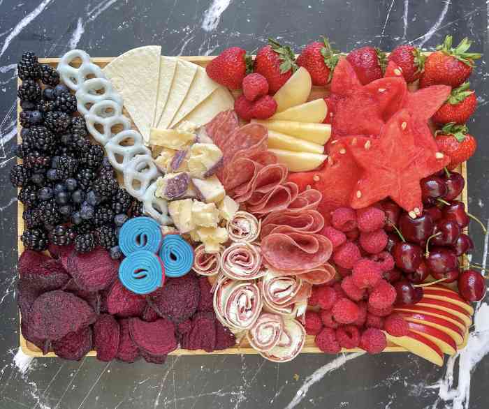 Red, White, and Blue graze board with Azteca tortilla pinwheels